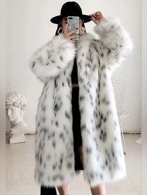 White Faux Fur Coat with Black Speckle Pattern